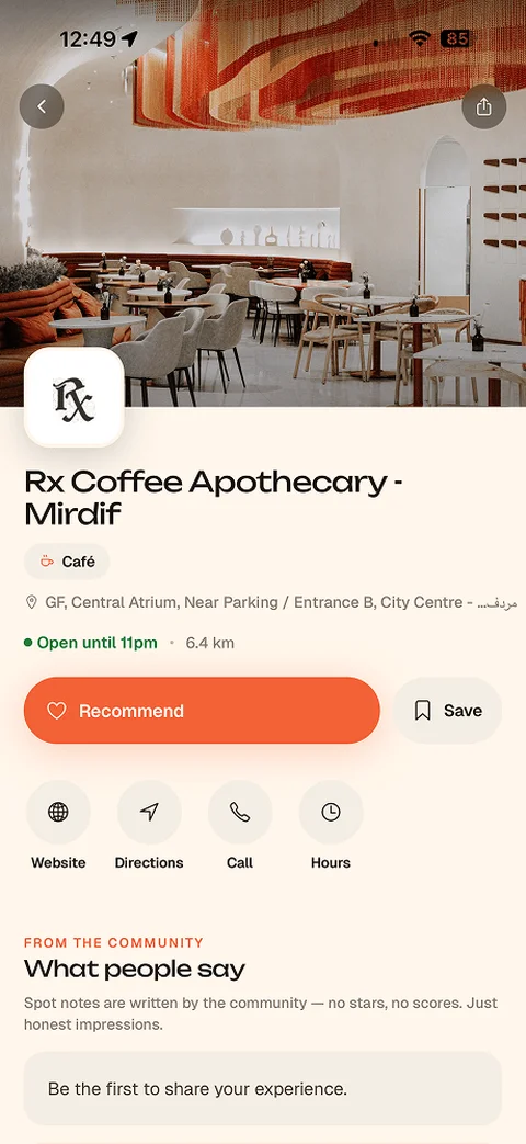 A café profile on Spot with Tastemaker endorsements